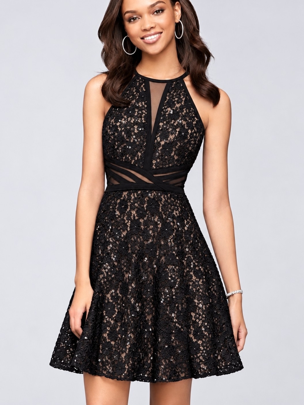 Morgan & Co. Black Lace Halter Mini Dress